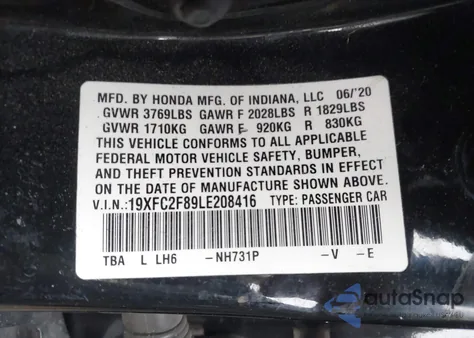 2020 Honda Civic Sport из США, поврежденный, VIN 19XFC2F89LE208416